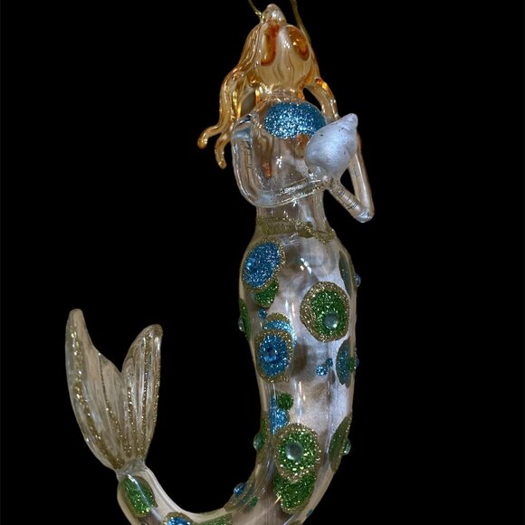 Blown Clear Glass Mermaid Sea Christmas Ornament w/Blue Green Holding Seashell - Picture 2 of 2